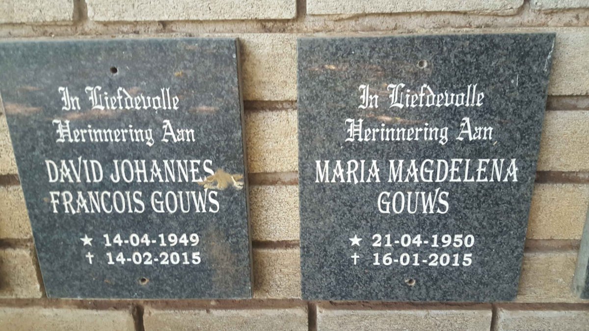 GOUWS David Johannes Francois 1949-2015 :: GOUWS Maria Magdalena 1950-2015