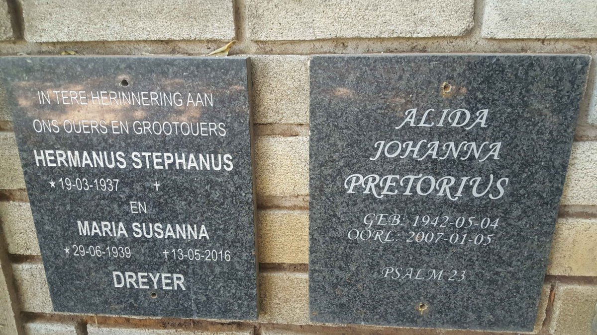 PRETORIUS Alida Johanna 1942-2007 :: DREYER Hermanus Stephanus 1937- &amp; Maria Susanna 1939-2016