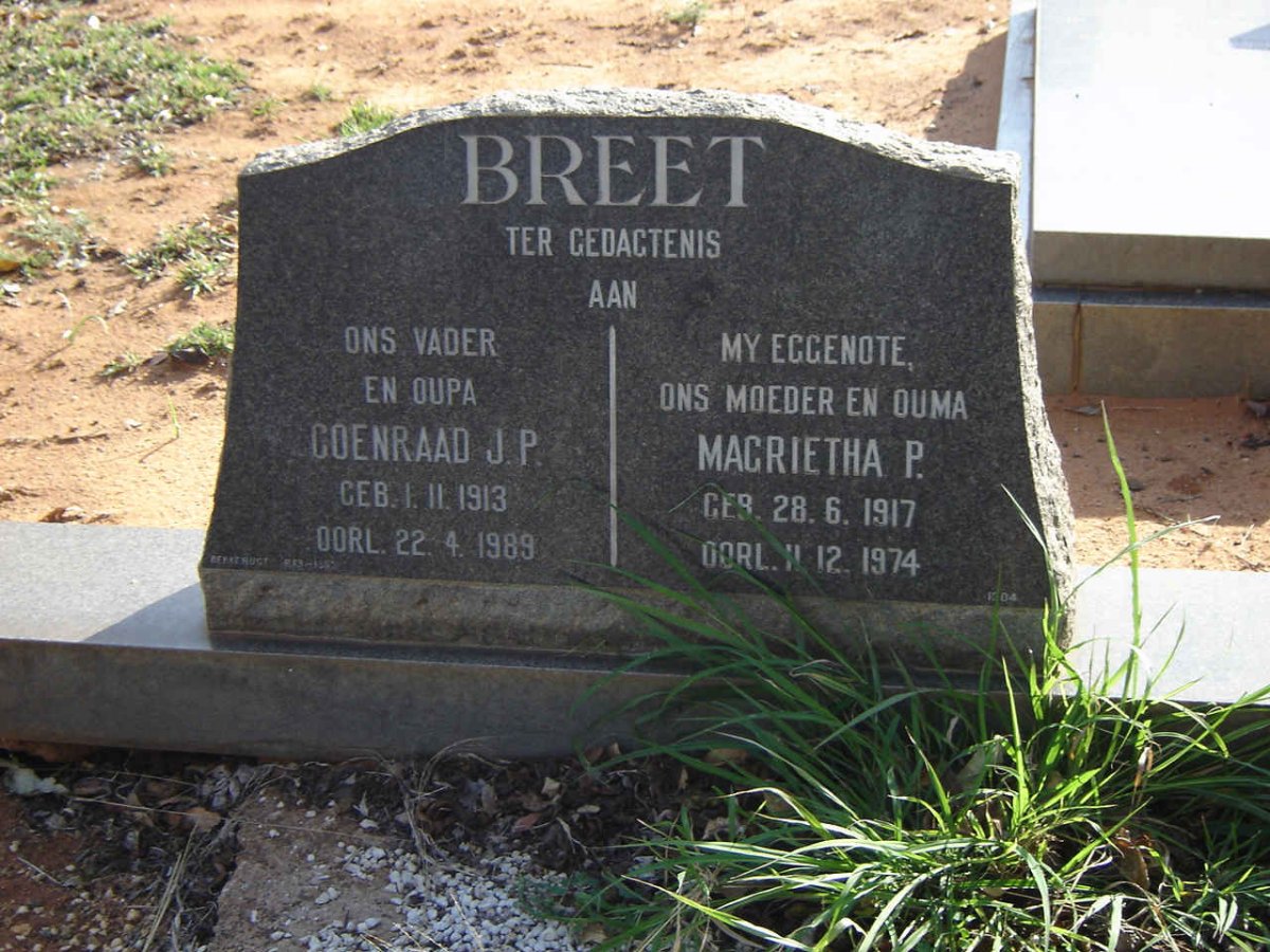 BREET Coenraad J.P. 1913-1989 &amp; Magrietha P. 1917-1974