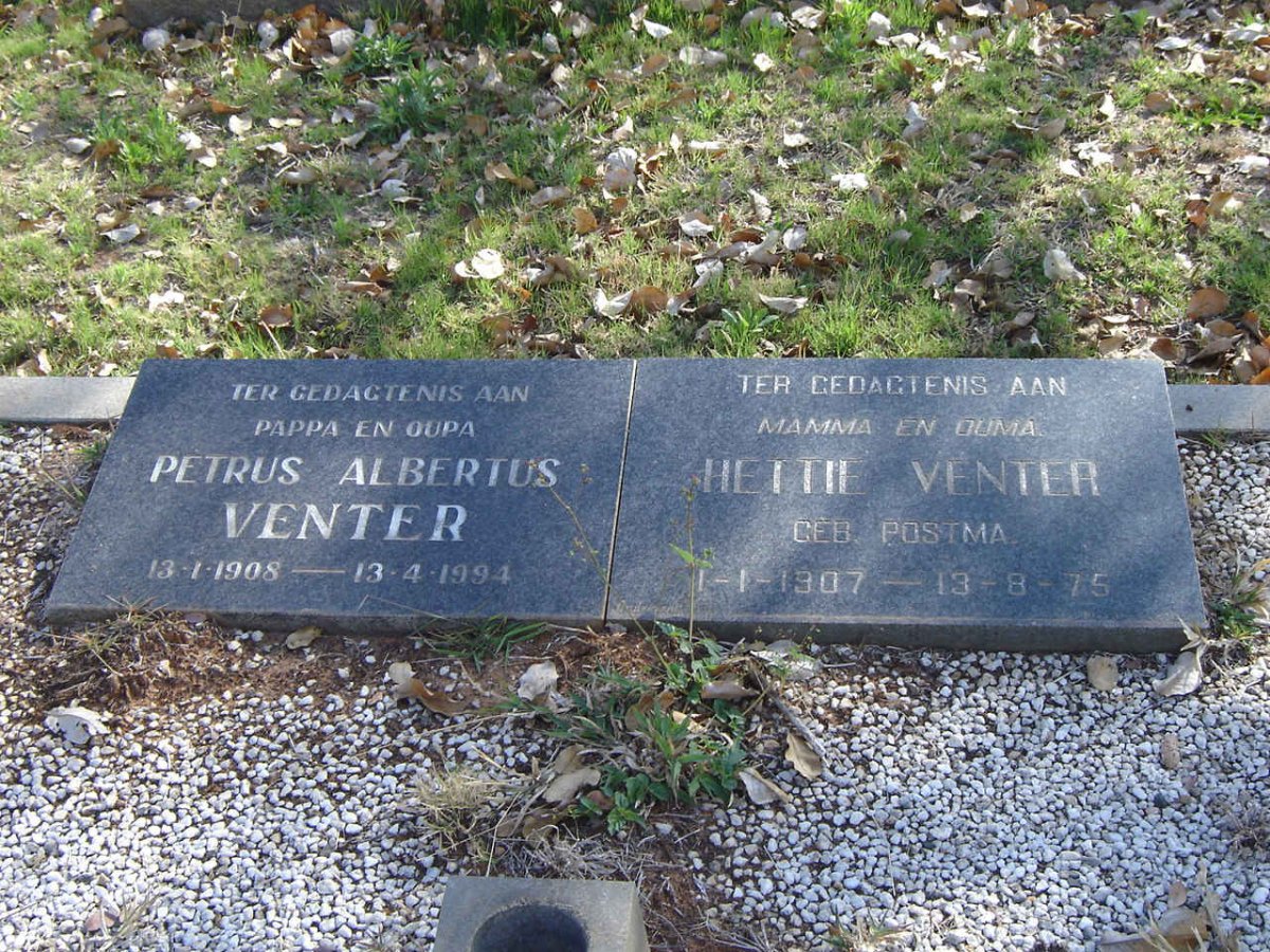 VENTER Petrus Albertus 1908-1994 &amp; Hettie POSTMA 1907-1975
