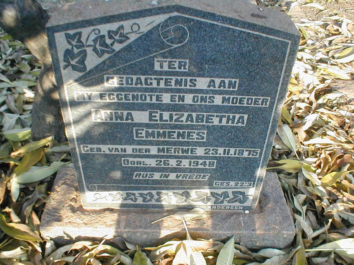 EMMENES Anna Elizabetha nee VAN DER MERWE 1875-1948