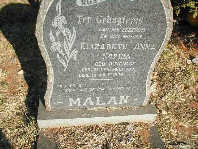 MALAN Elizabeth Anna Sophia nee DUVENAGE 1891-1975
