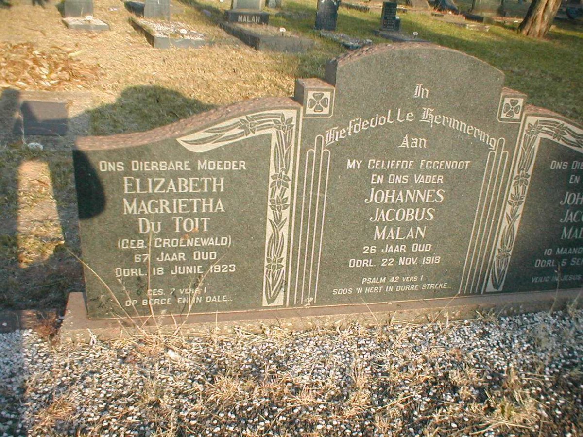 MALAN Johannes Jacobus -1918 :: DU TOIT Elizabeth Margrietha nee GROENEWALD -1923