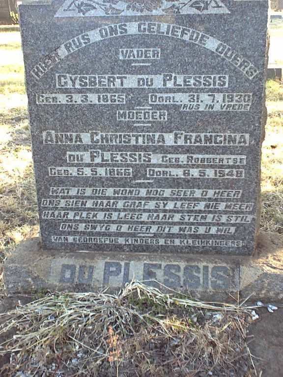 PLESSIS Gysbert, du 1865-1930 &amp; Anna Christina Francina ROBBERTSE 1866-1948