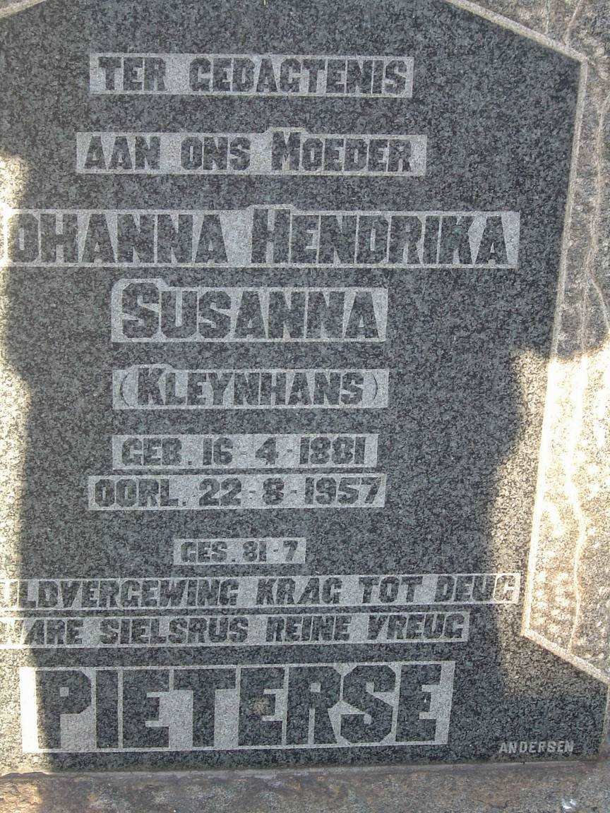 PIETERSE Johanna Hendrika Susanna  nee KLEYNHANS 1881-1957