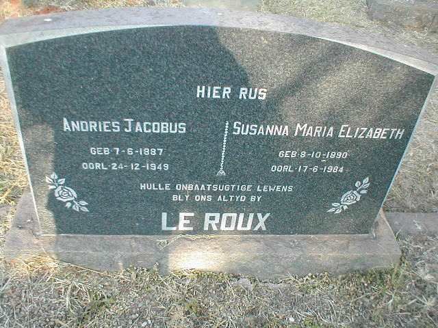 ROUX Andries Jacobus, le 1887-1949 &amp; Susanna Maria Elizabeth 1890-1984