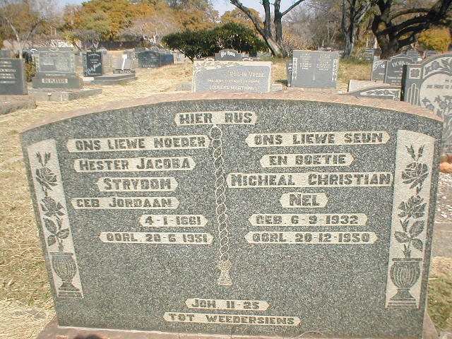 STRYDOM Hester Jacoba nee JORDAAN 1861-1951 :: NEL Michael Christian 1932-1950