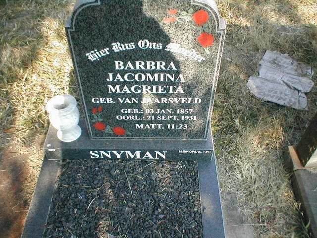 SNYMAN Barbra Jacomina Magrieta nee VAN JAARSVELD 1857-1931