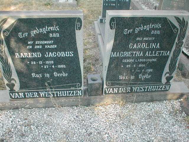WESTHUIZEN Barend Jacobus, van der 1900-1960 &amp; Carolina Magrietha Alletha LABUSCHACNE 1905-1982
