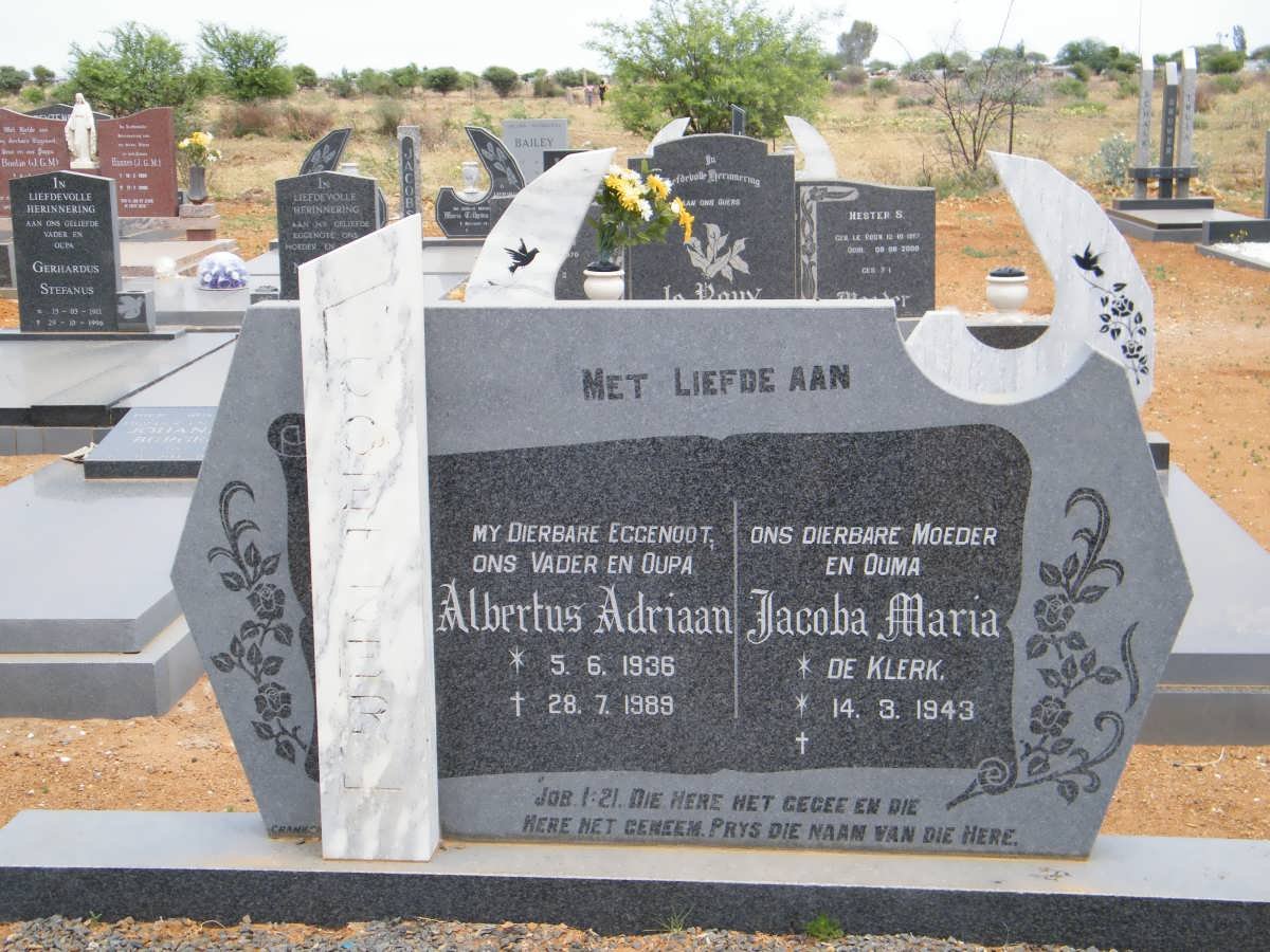 COETZER  Albertus Adriaan 1936-1989 &amp; Jacoba Maria DE KLERK 1943-