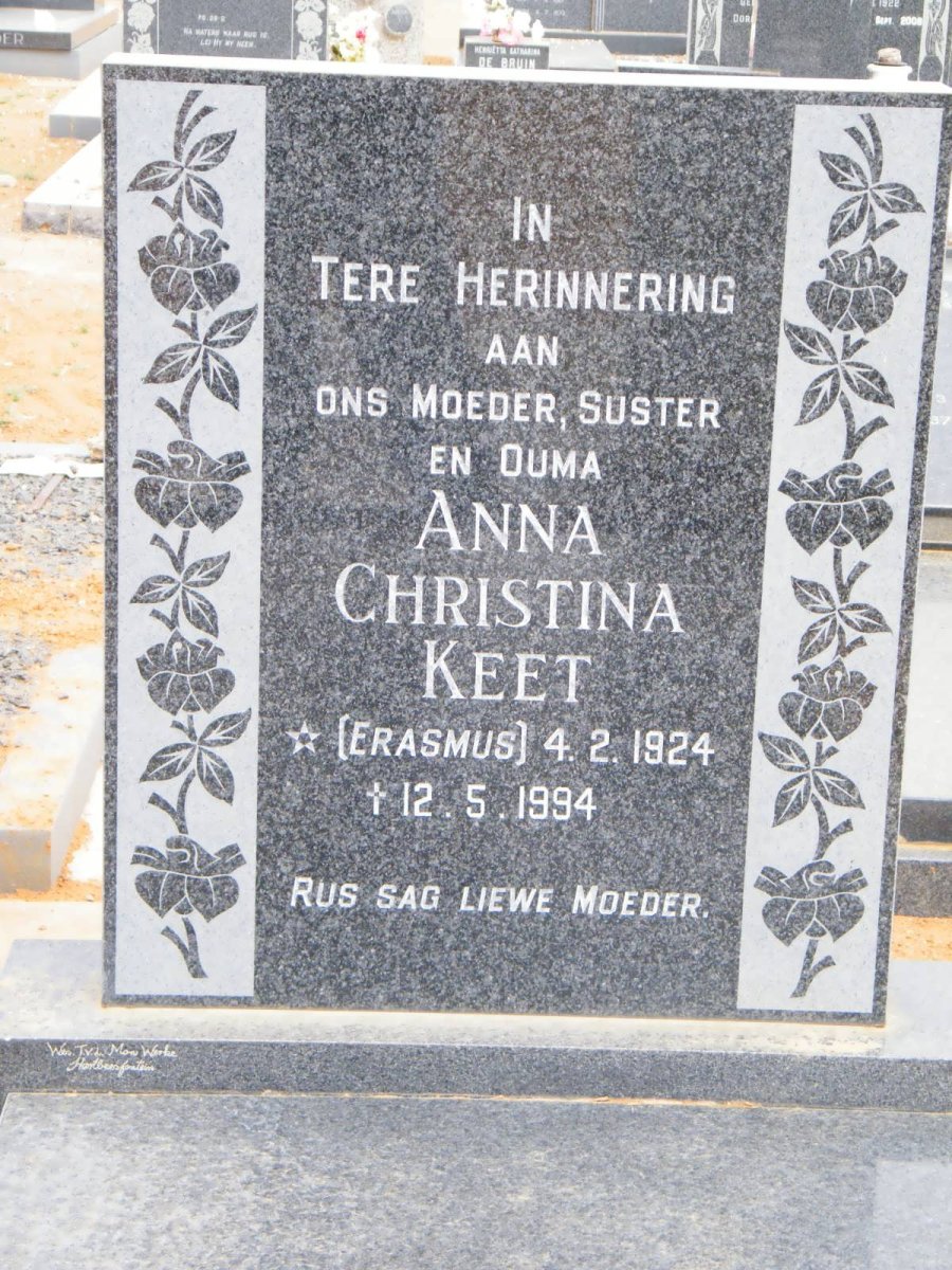 KEET Anna Christina nee ERASMUS 1924-1994