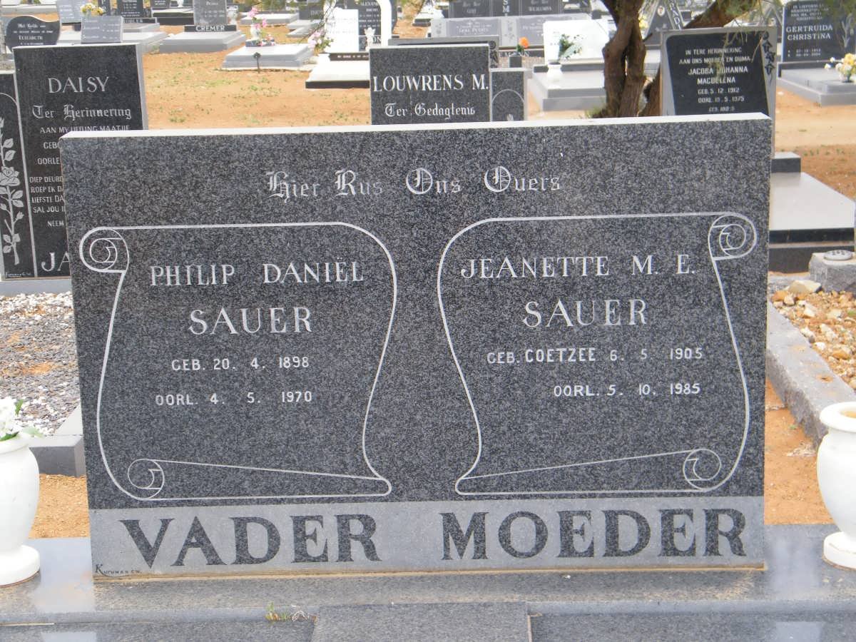 SAUER Philip Daniel 1898-1970 &amp; Jeanette M.E. COETZEE 1905-1985