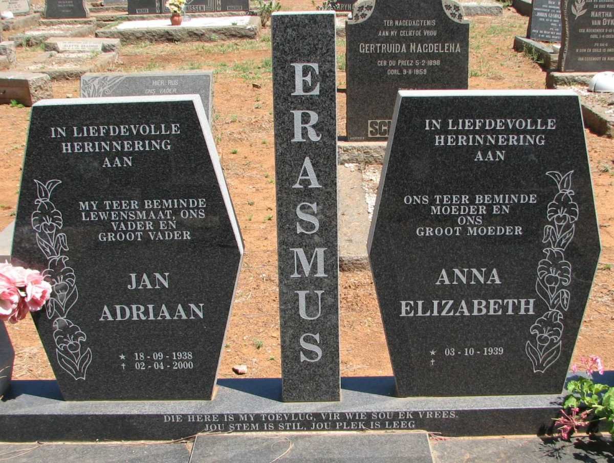 ERASMUS Jan Adriaan 1938-2000 &amp; Anna Elizabeth 1939-