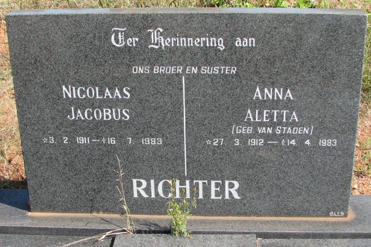 RICHTER Nicolaas Jacobus 1911-1983 &amp; Anna Aletta VAN STADEN 1912-1983