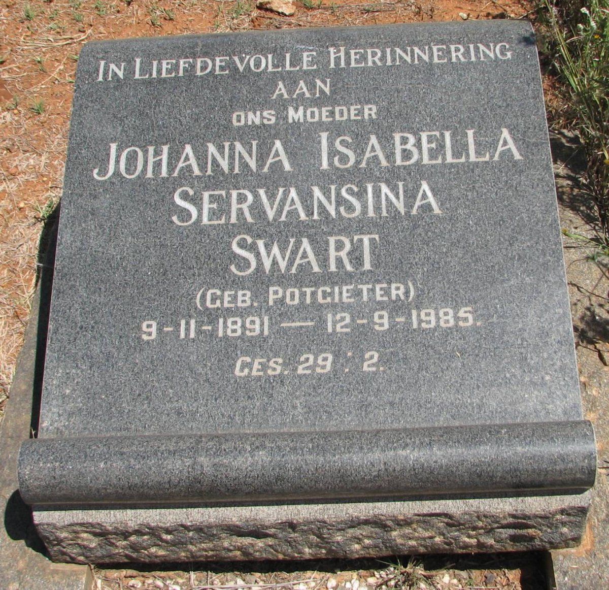 SWART Johanna Isabella Servansina nee POTGIETER 1891-1985