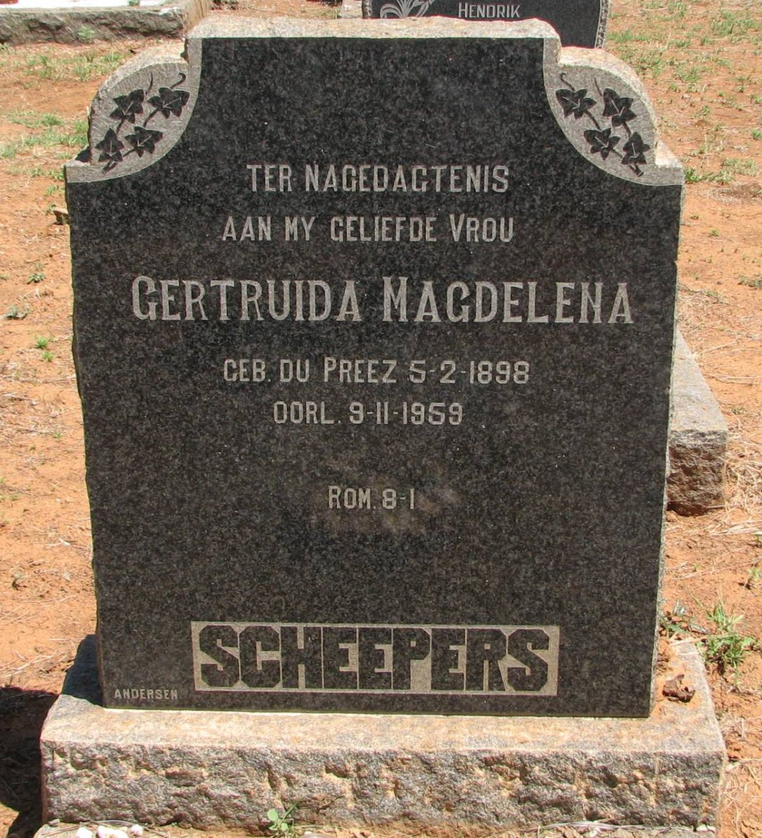 SCHEEPERS Gertruida Magdalena nee du PREEZ 1898-1959