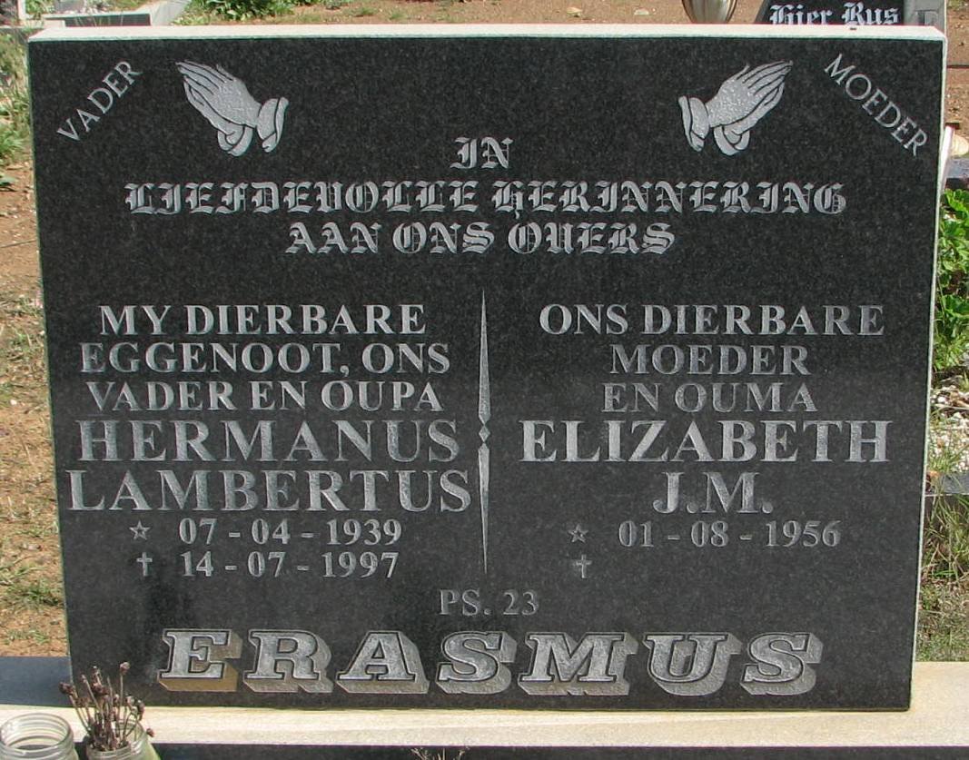 ERASMUS Hermanus Lambertus 1939-1997 &amp; Elizabeth J.M. 1956-