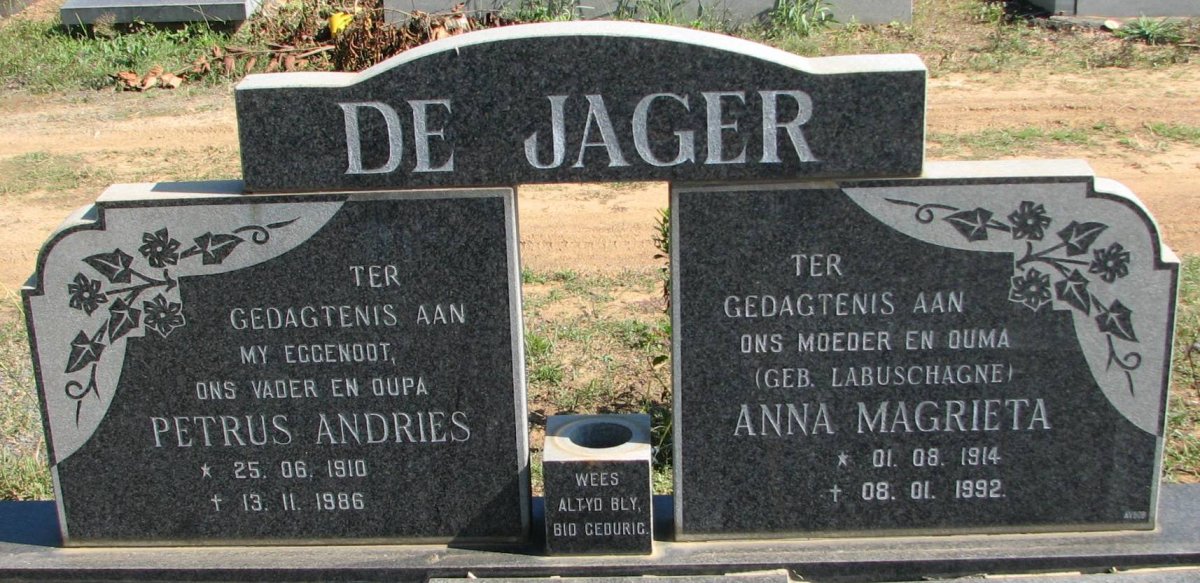 JAGER Petrus Andries, de 1910-1986 &amp; Anna Magrieta LABUSCHAGNE 1914-1992