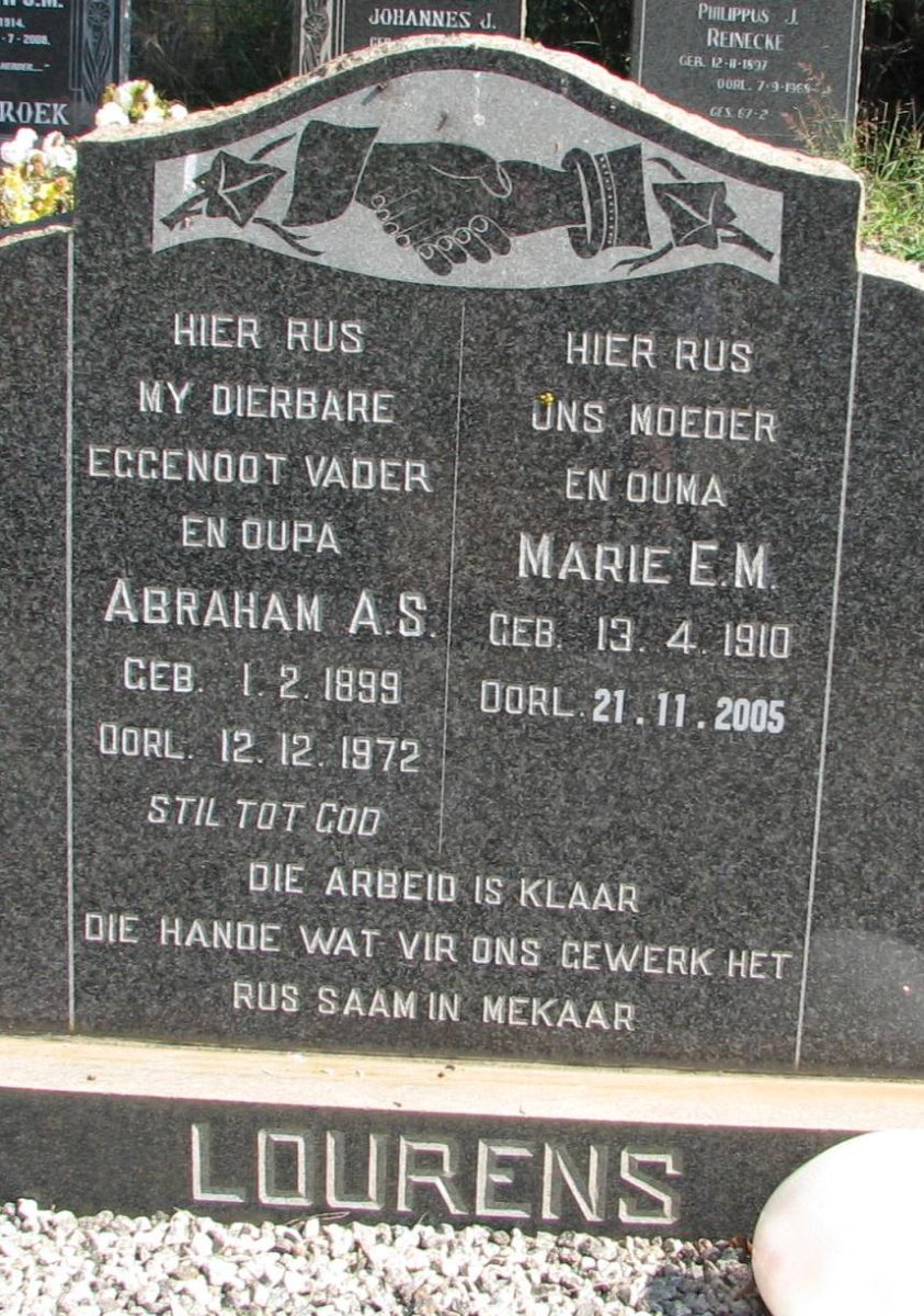 LOURENS Abraham A.S. 1899-1972 &amp; Marie E.M. 1910-2005