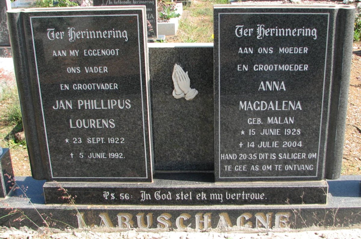 LABUSCHAGNE Jan Phillipus Lourens 1922-1992 &amp; Anna Magdalena MALAN 1928-2004
