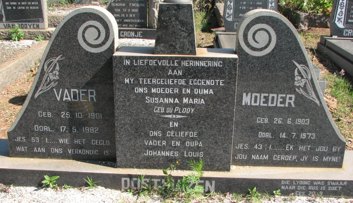 OOSTHUIZEN Johannes Louis 1901-1982 &amp; Susanna Maria DU PLOOY 1903-1973