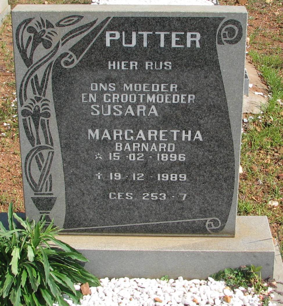 PUTTER Susara Margaretha nee BARNARD 1896-1989
