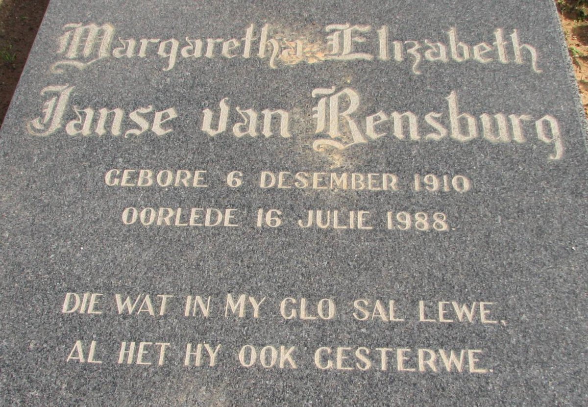 RENSBURG Margaretha Elizabeth, Janse van 1910-1988