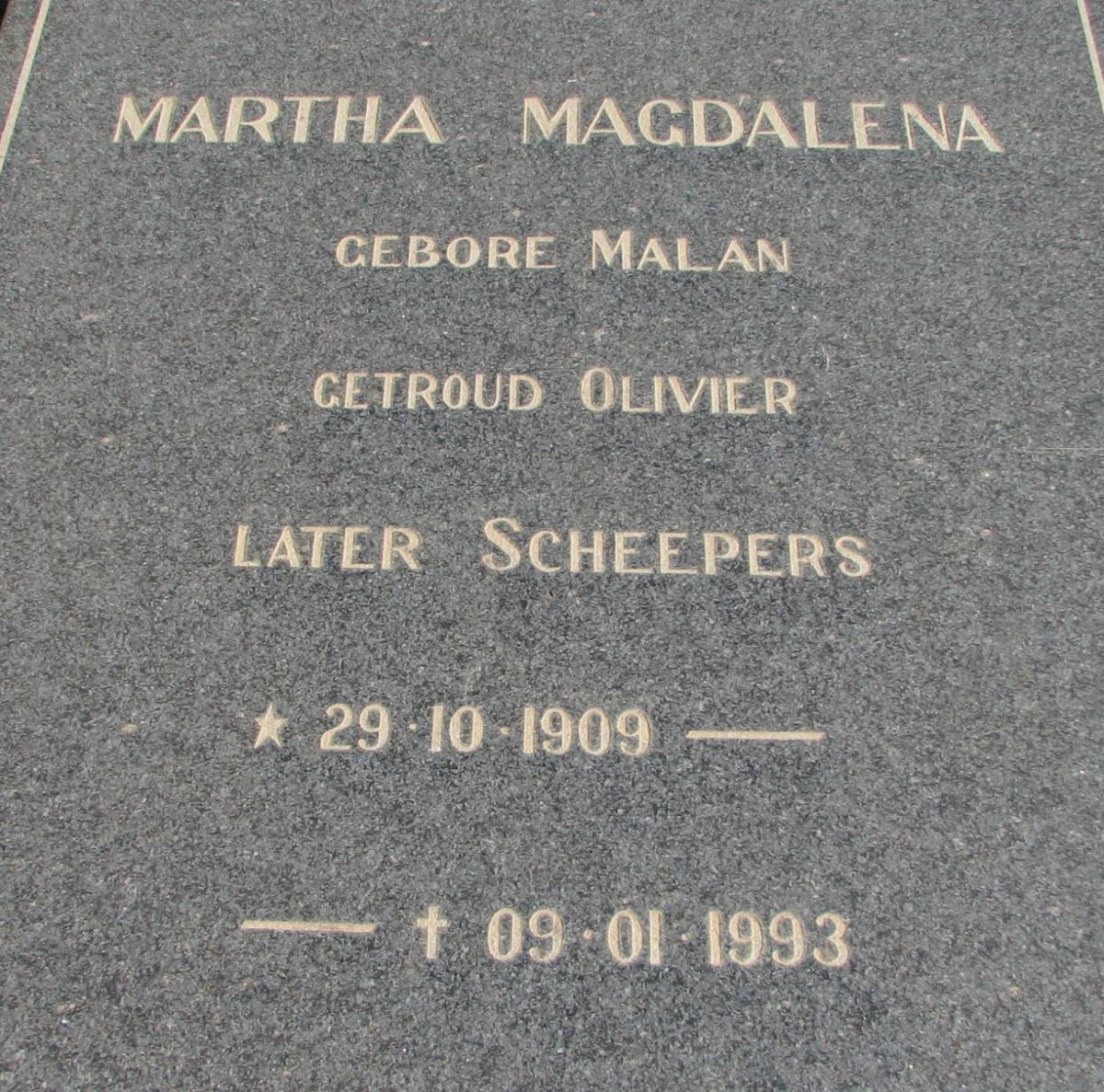 SCHEEPERS Martha Magdalena voorheen OLIVIER nee MALAN 1909-1993