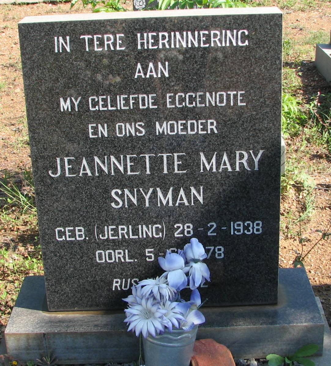 SNYMAN Jeannette Mary nee JERLING 1938-1978