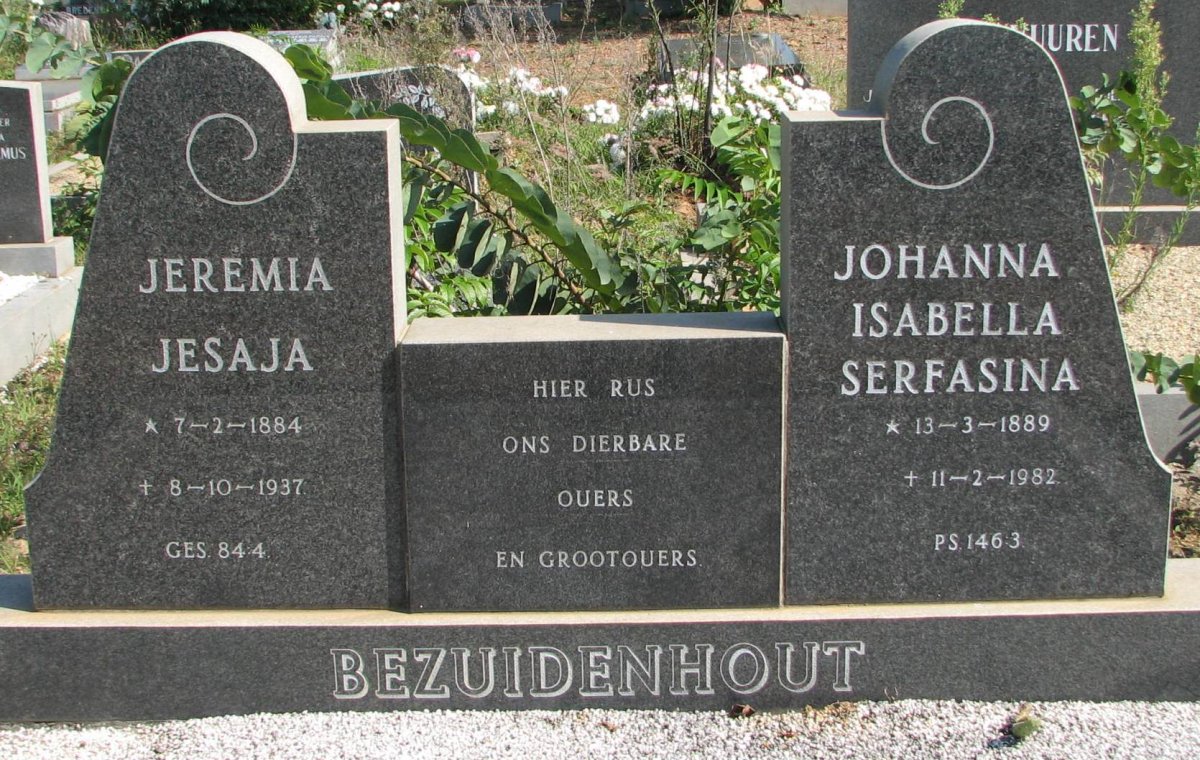 BEZUIDENHOUT Jeremia Jesaja 1884-1937 &amp; Johanna Isabella Serfasina 1889-1982