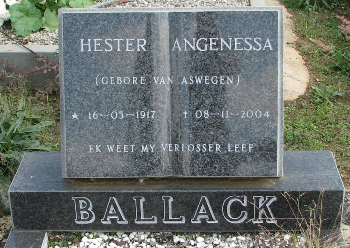 BALLACK Hester Angenessa nee van ASWEGEN 1917-2004