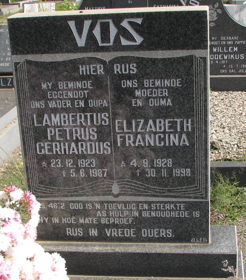 VOS Lambertus Petrus Gerhardus 1923-1987 &amp; Elizabeth Francina 1928-