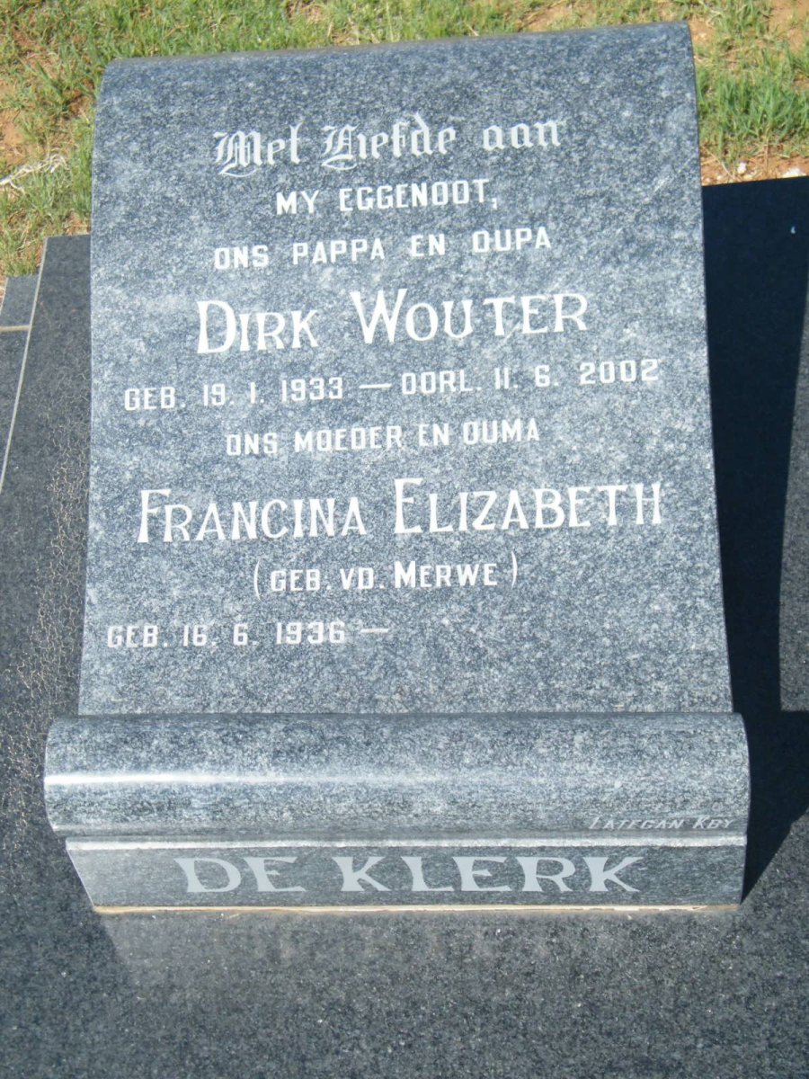 KLERK Dirk Wouter, de 1933-2002 &amp; Francina Elizabeth VAN DER MERWE 1936-