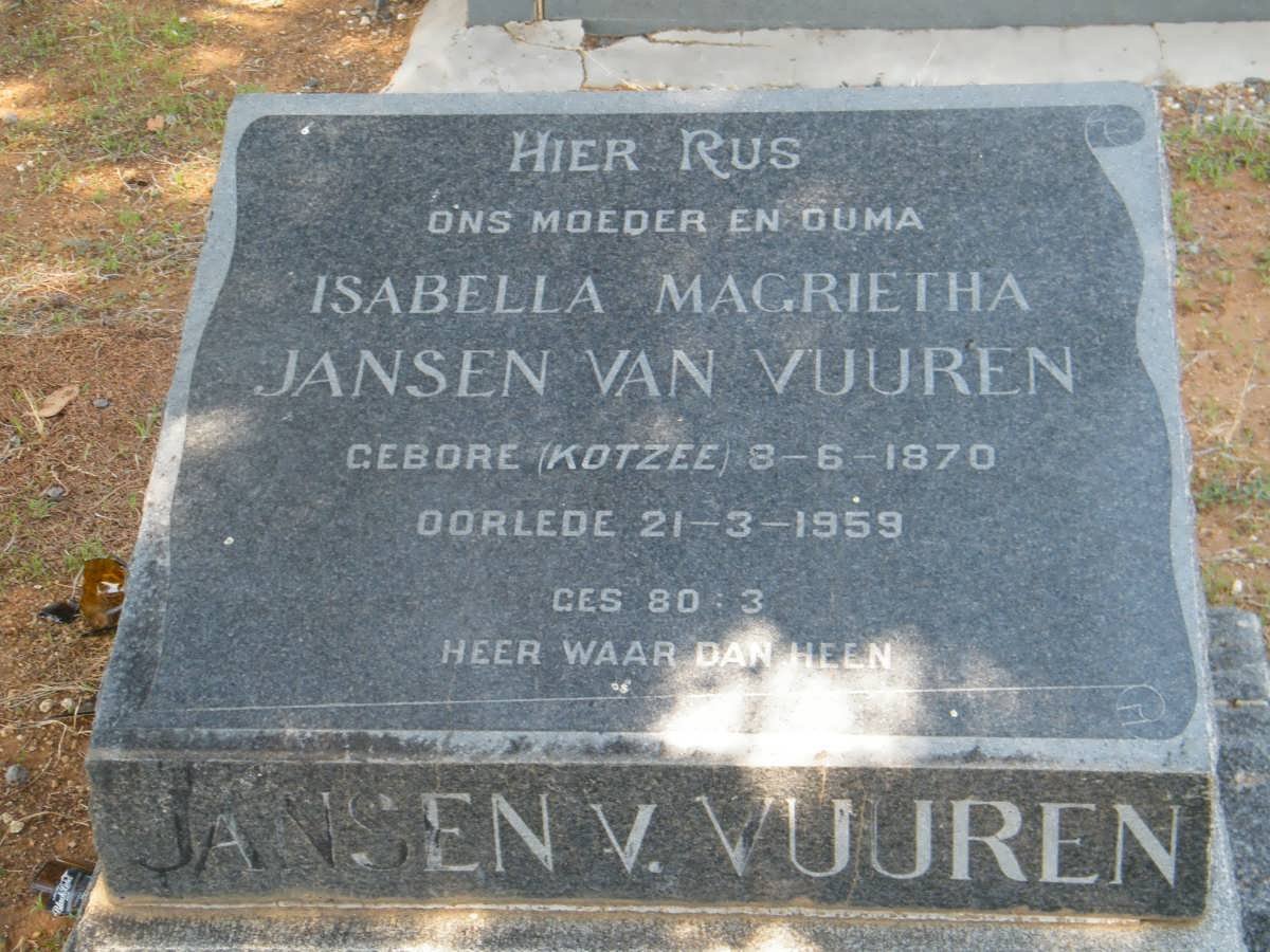 VUUREN Isabella Magrietha, Jansen van nee KOTZEE 1870-1959