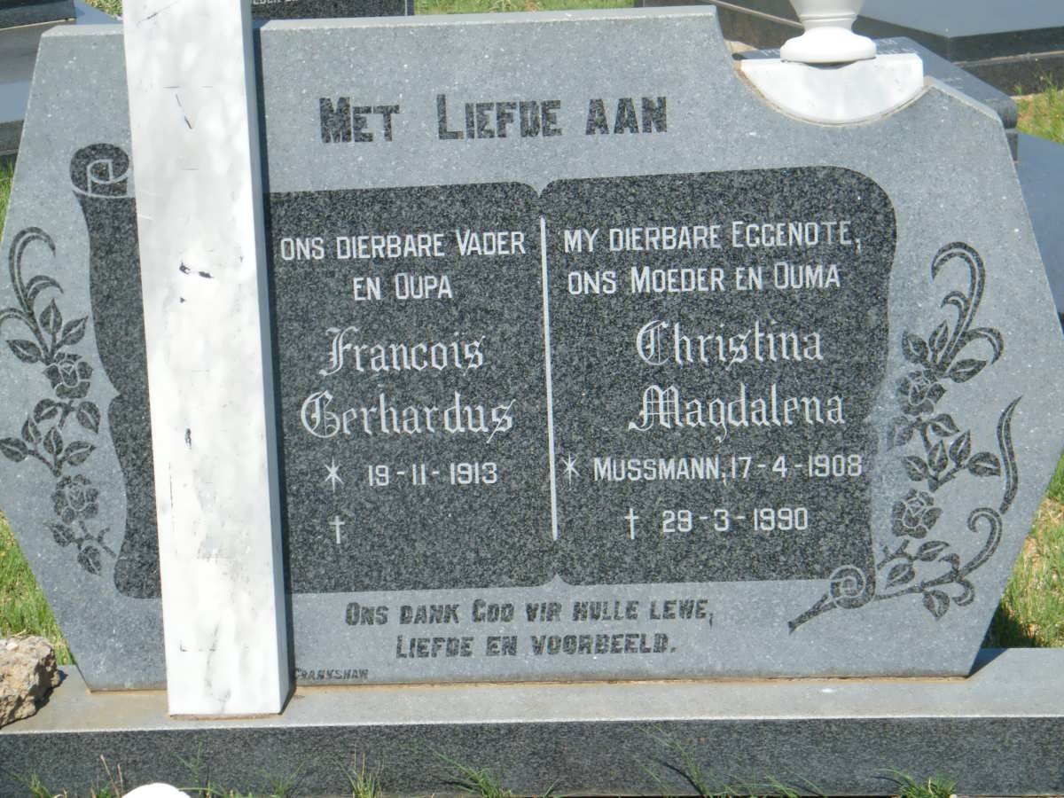 VISAGIE Francois Gerhardus 1913- &amp; Christina Magdalena MUSSMANN 1908-1990