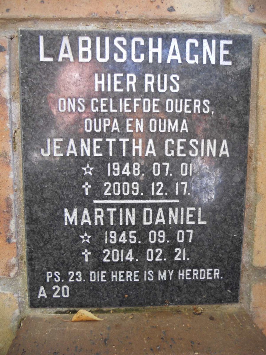 LABUSCHAGNE Martin Daniel 1945-2014 &amp; Jeanettha Gesina 1948-2009