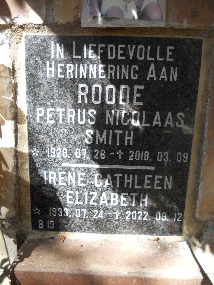 ROODE Petrus Nicolaas Smith 1928-2018 &amp; Irene Cathleen Elizabeth 1933-2022