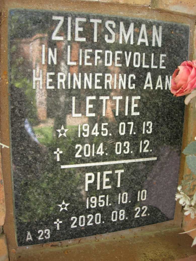 ZIETSMAN Piet 1951-2020 &amp; Lettie 1945-2014