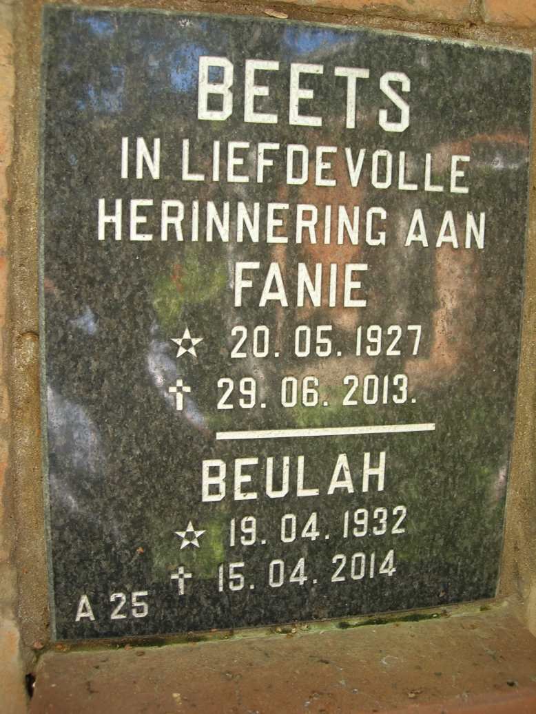 BEETS Fanie 1927-2013 &amp; Beulah 1932-2014