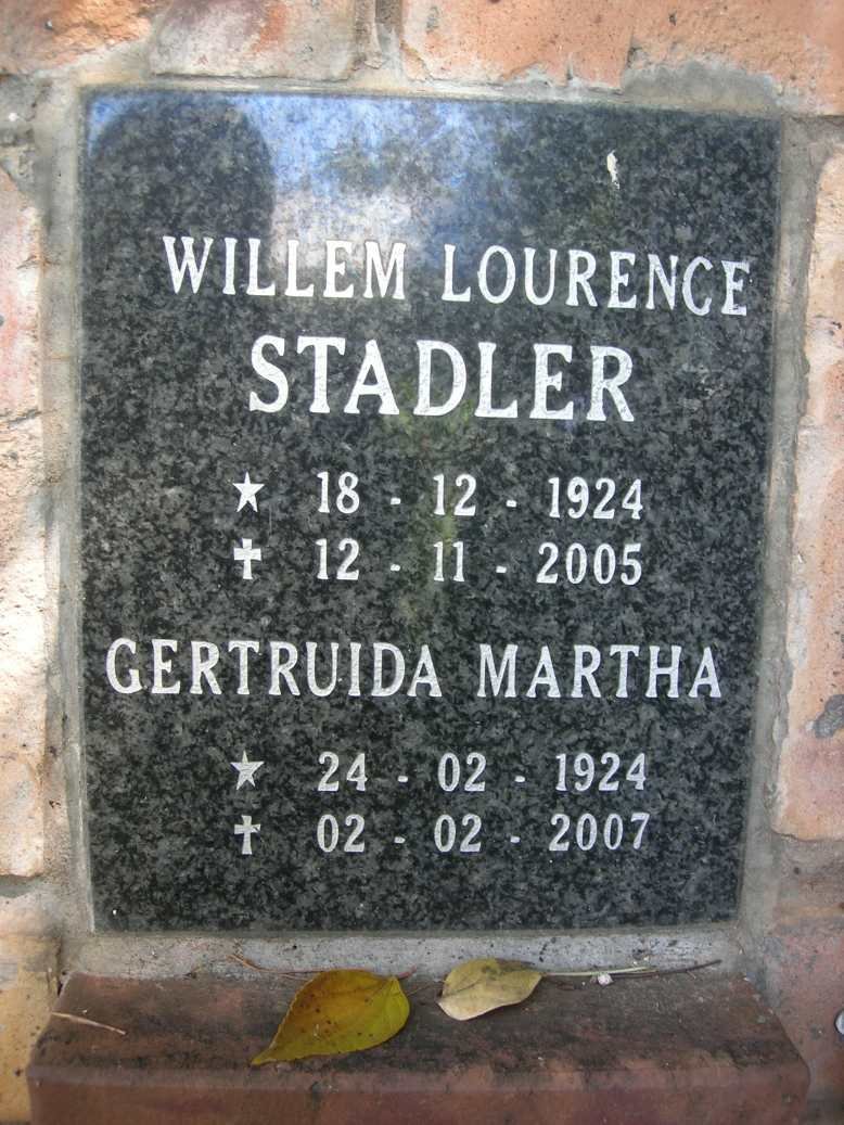 STADLER Willem Lourence 1924-2005 &amp; Gertruida Martha 1924-2007