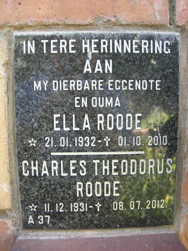 ROODE Charles Theodorus 1931-2012 &amp; Ella 1932-2010