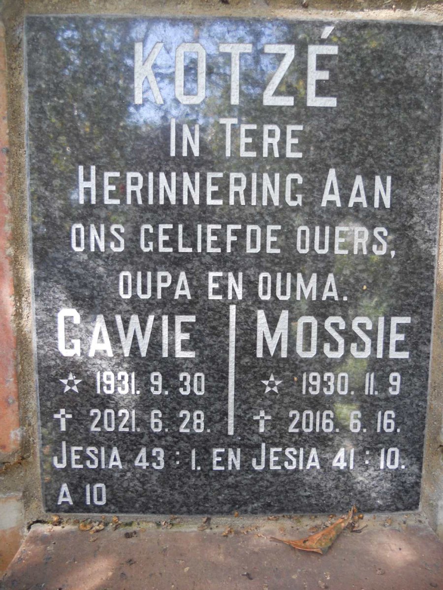 KOTZE Gawie 1931-2021 &amp; Mossie 1930-2016