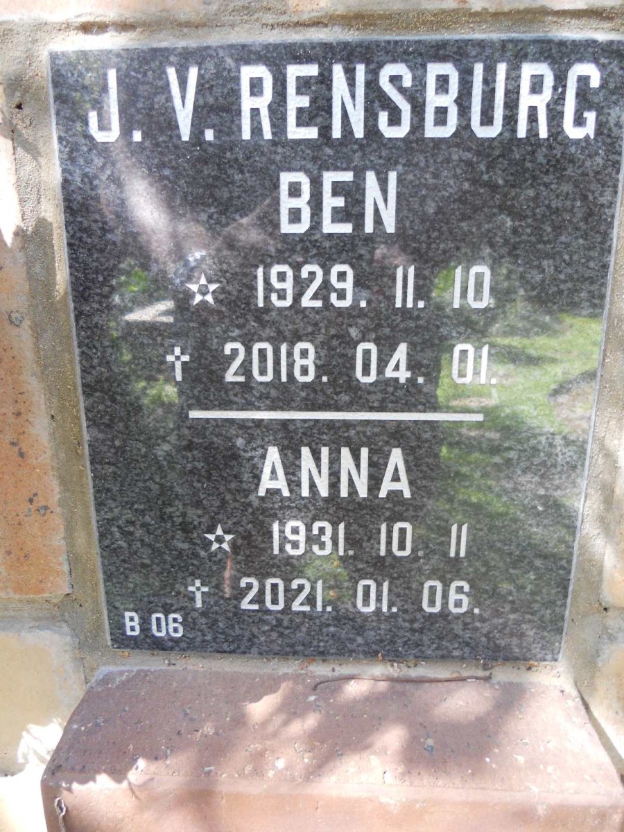 RENSBURG Ben, J.V. 1929-2018 &amp; Anna 1931-2021