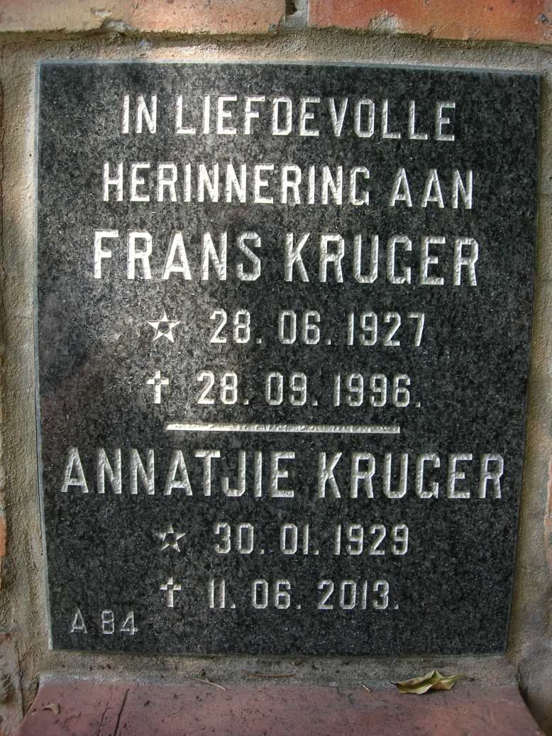 KRUGER Frans 1927-1996 &amp; Annatjie 1929-2013