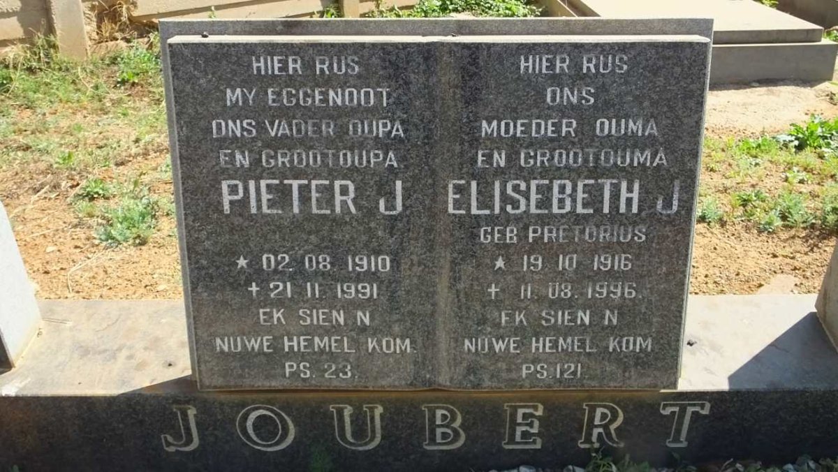 JOUBERT Pieter J. 1910-1991 &amp; Elisebeth J. PRETORIUS 1916-1996
