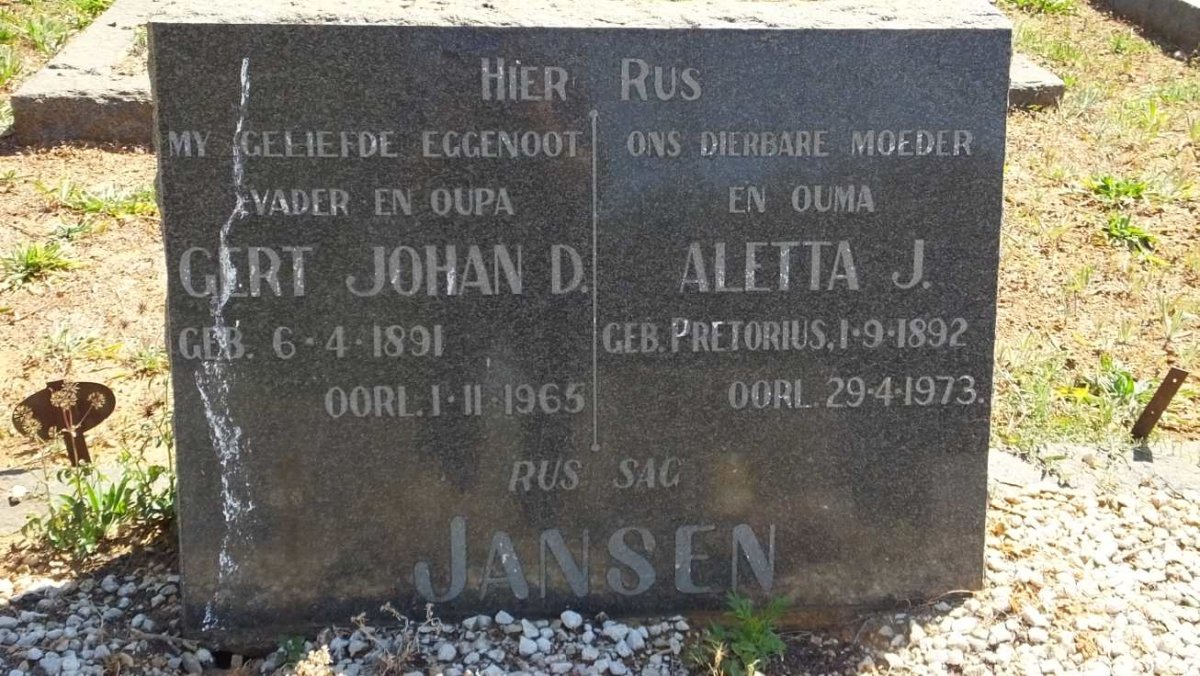 JANSEN Gert Johan D. 1891-1965 &amp; Aletta J. PRETORIUS 1892-1973