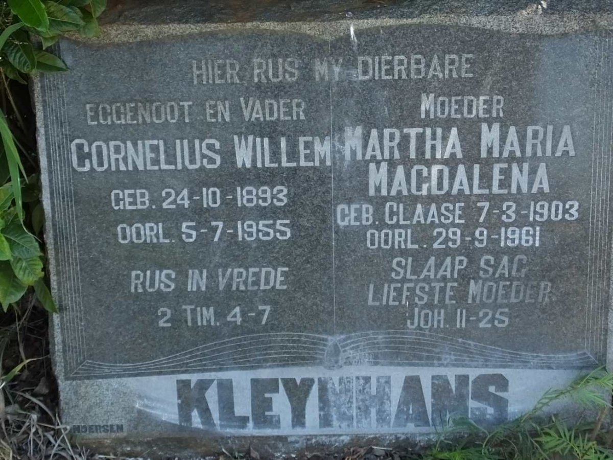 KLEYNHANS Cornelius Willem 1893-1955 &amp; Martha Maria Magdalena CLAASE 1903-1961