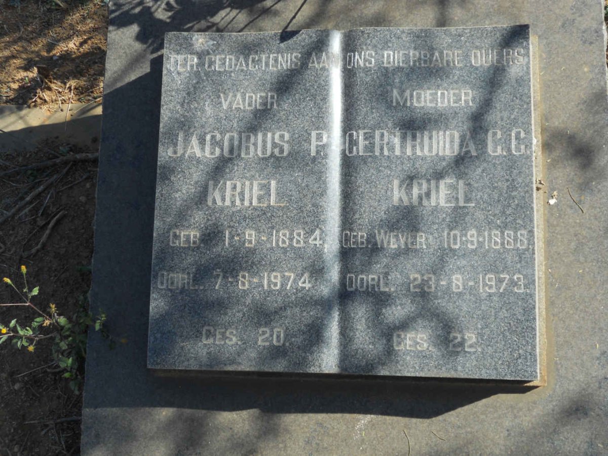 KRIEL Jacobus P. 1884-1974 &amp; Gertruida G.G. WEVER 1888-1973