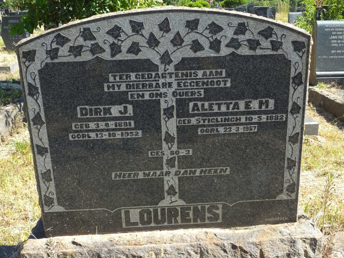 LOURENS Dirk J. 1881-1952 &amp; Aletta E.M. STIGLINGH 1882-1957