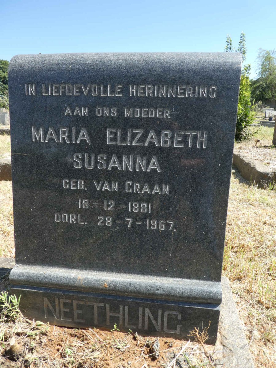 NEETHLING Maria Elizabeth Susanna nee VAN GRAAN 1881-1967
